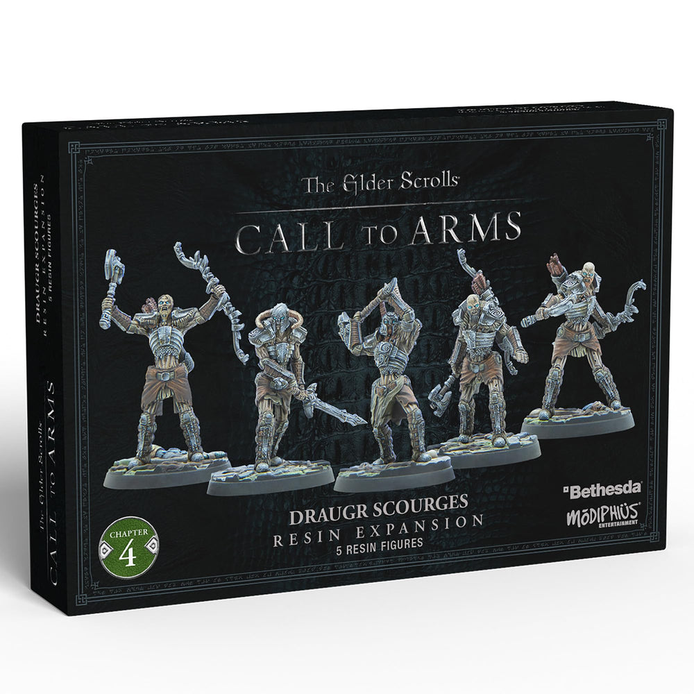 Black box for The Elder Scrolls: Call to Arms Draugr Scourges expansion, featuring five detailed resin warrior miniatures in battle poses.