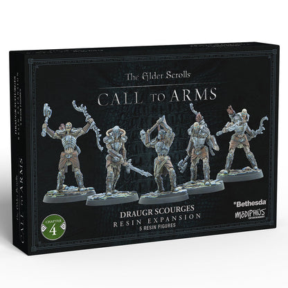 Black box for The Elder Scrolls: Call to Arms Draugr Scourges expansion, featuring five detailed resin warrior miniatures in battle poses.