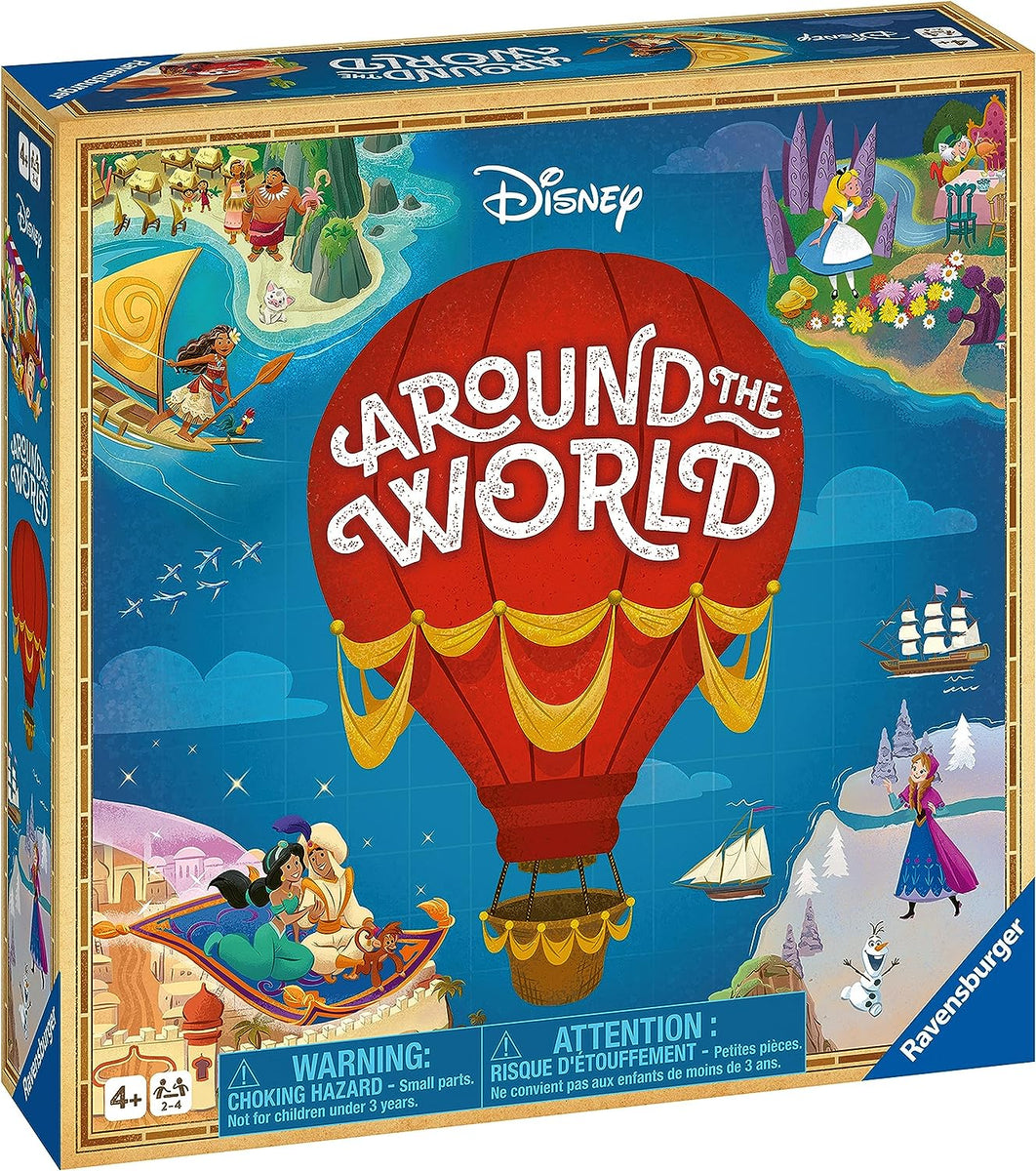 Disney Around the World game box, featuring a hot air balloon map with characters including Moana, Jasmine and Anna