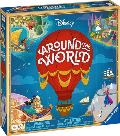 Disney Around the World game box, featuring a hot air balloon map with characters including Moana, Jasmine and Anna