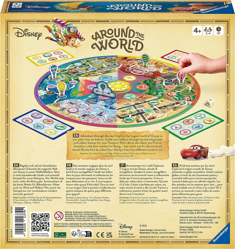 Disney Around the World board game box, showing the colourful map and a hand moving a hot air balloon game piece