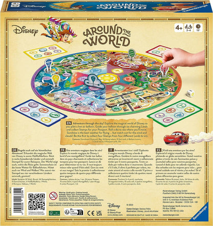 Disney Around the World board game box, showing the colourful map and a hand moving a hot air balloon game piece