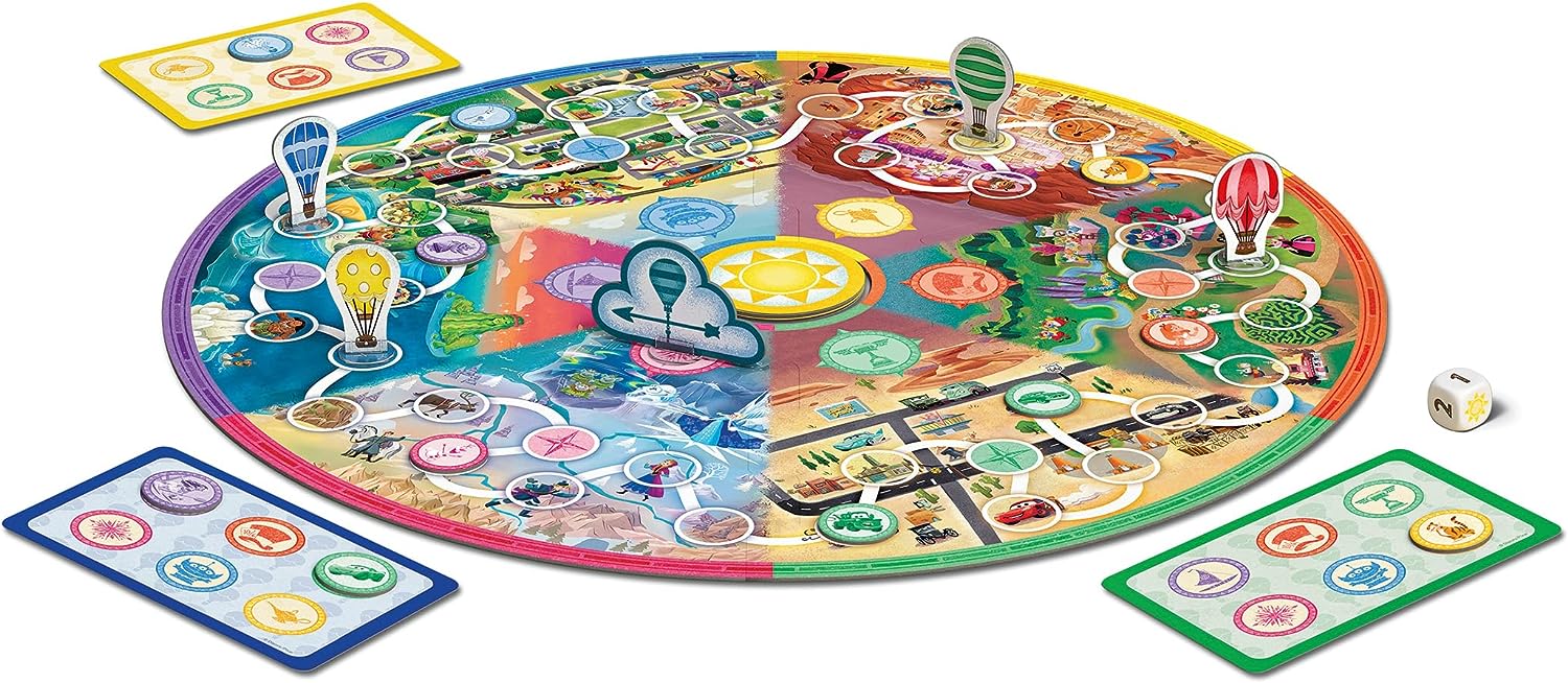 A colourful circular board game with hot air balloon tokens, themed zones, destination cards and a die