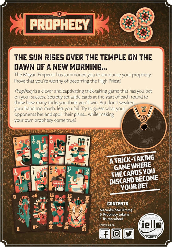 Prophecy board game box art showing Mayan-themed cards game tokens and a turn wheel with text descriptions