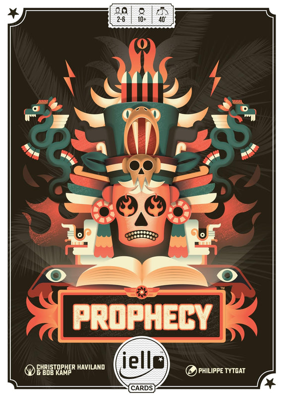 Aztec-inspired Prophecy board game box with tribal artwork skull snakes open book and player information at top