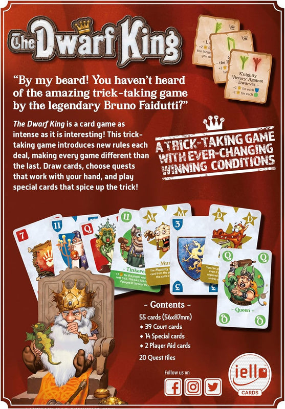 The Dwarf King card game box features the game title gameplay description contents list and examples of the fantasy-themed court special and quest cards with various characters