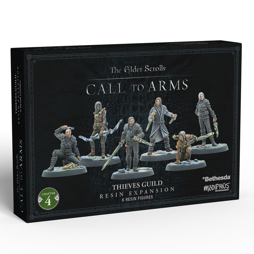 Black product box for The Elder Scrolls Call to Arms: Thieves Guild Expansion, showing 6 resin figures in action poses.