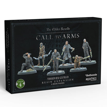 Black product box for The Elder Scrolls Call to Arms: Thieves Guild Expansion, showing 6 resin figures in action poses.