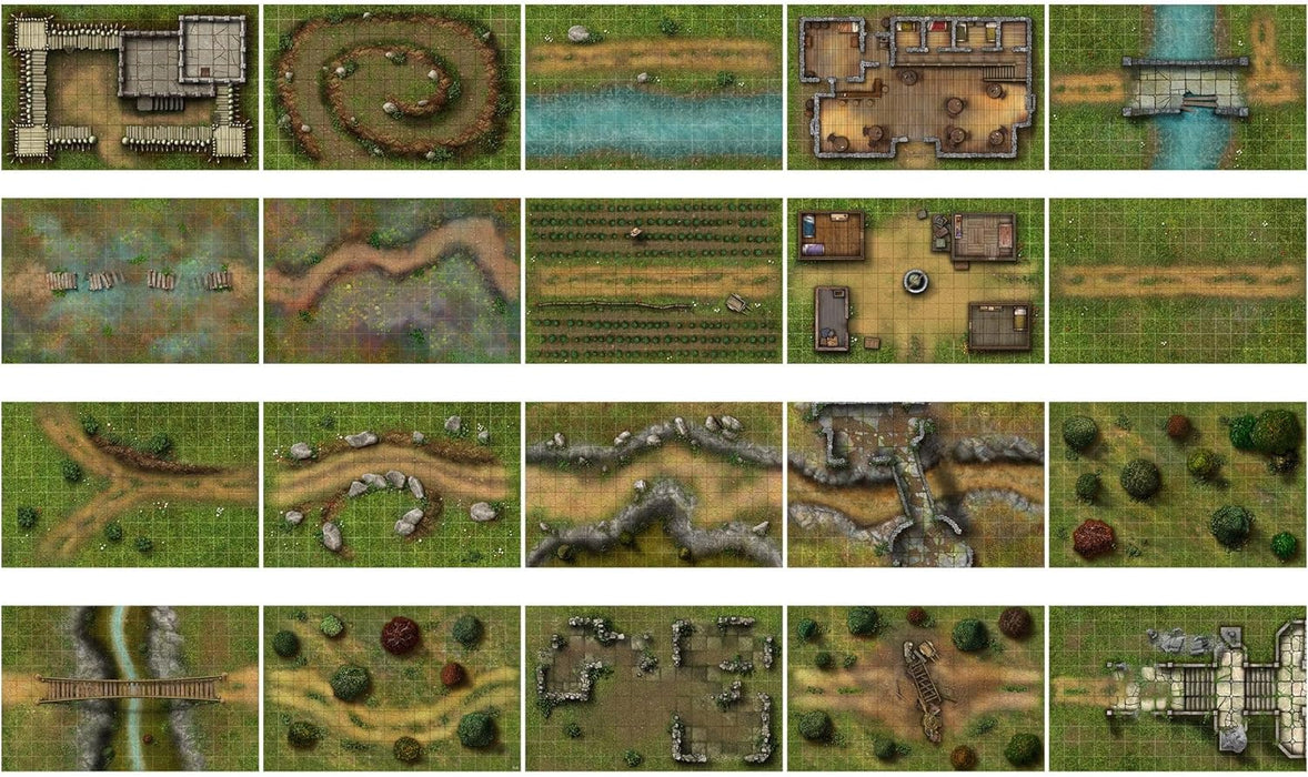 Modular tabletop RPG battle maps displaying diverse fantasy terrain including castle ruins, spiral paths, forests, rivers, bridges, and village buildings