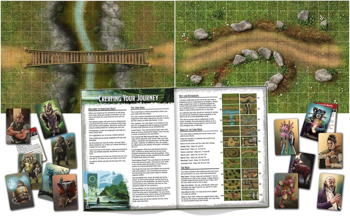 Dungeons and Dragons tabletop map with river bridge, rocky path and an open rulebook and character cards