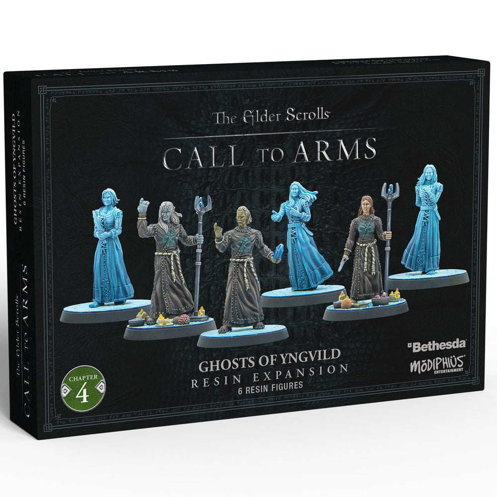 Elder Scrolls Call to Arms: Ghosts of Yngvild expansion box with 6 fantasy resin figures, 3 robed and 3 translucent blue.