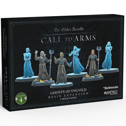 Elder Scrolls Call to Arms: Ghosts of Yngvild expansion box with 6 fantasy resin figures, 3 robed and 3 translucent blue.