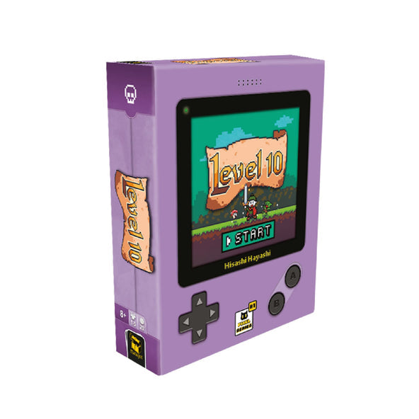 Front cover of Level Ten card game featuring a colorful retro pixel-art design with ascending platforms