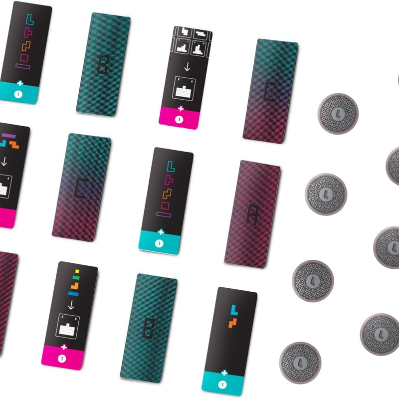 Collection of black vertical cards featuring colorful geometric designs letters and arrows alongside circular gray tokens with the letter &#39;L&#39;