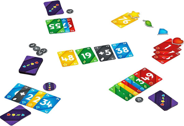 Line-it card game with colorful number and shape cards spread out on a white surface