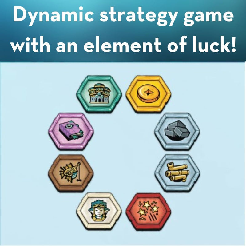 A dynamic strategy game with an element of luck featuring hexagonal resource tiles in a circular arrangement