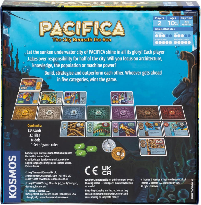 Box art for Pacifica The City Beneath the Sea board game showing submerged cityscape with key game details and contents
