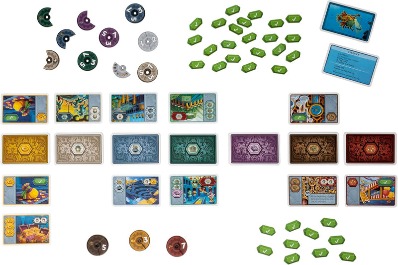 Set of board game pieces including cards tokens and hexagonal tiles in various colors and designs