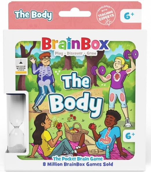 BrainBox The Body educational game with hour glass timer and colorful illustration of children learning about the body