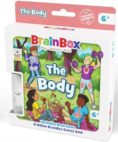 BrainBox The Body card game for ages 6 with hourglass timer and illustrated box showing skeletons and people exercising
