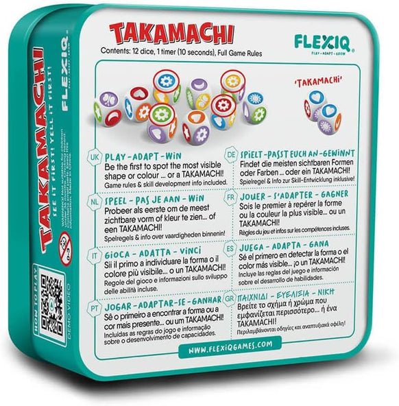 Takamachi dice game with 12 colorful dice, timer, and multi-language rules