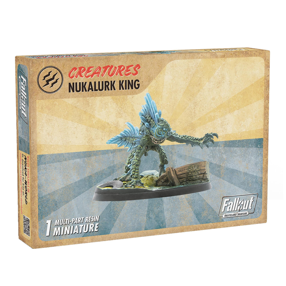 Fallout: Wasteland Warfare 'Nukalurk King' miniature box. A green, spiky monster with blue crystals, lunging forward.
