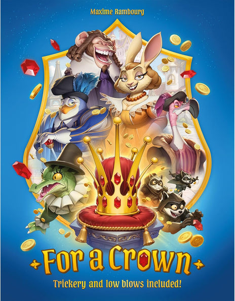 For a Crown board game cover art featuring cartoon animals in regal attire around a jeweled crown