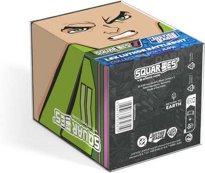 Collectible box of the Lex Luthor Battlesuit; stylized illustration of Luthor's face and green armor