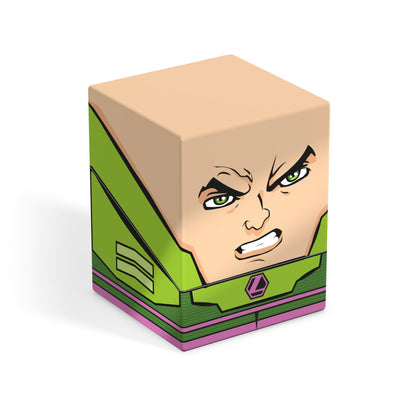 Stylized cube depicting Lex Luthor with an angry expression and green eyes, wearing a green and purple power suit