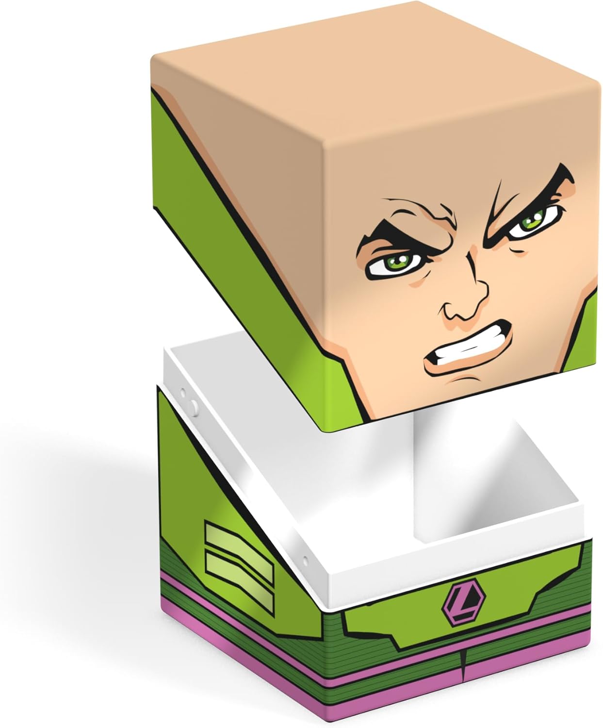 Lex Luthor cube storage box opening. The lid shows his angry bald face; the base shows his green and purple suit