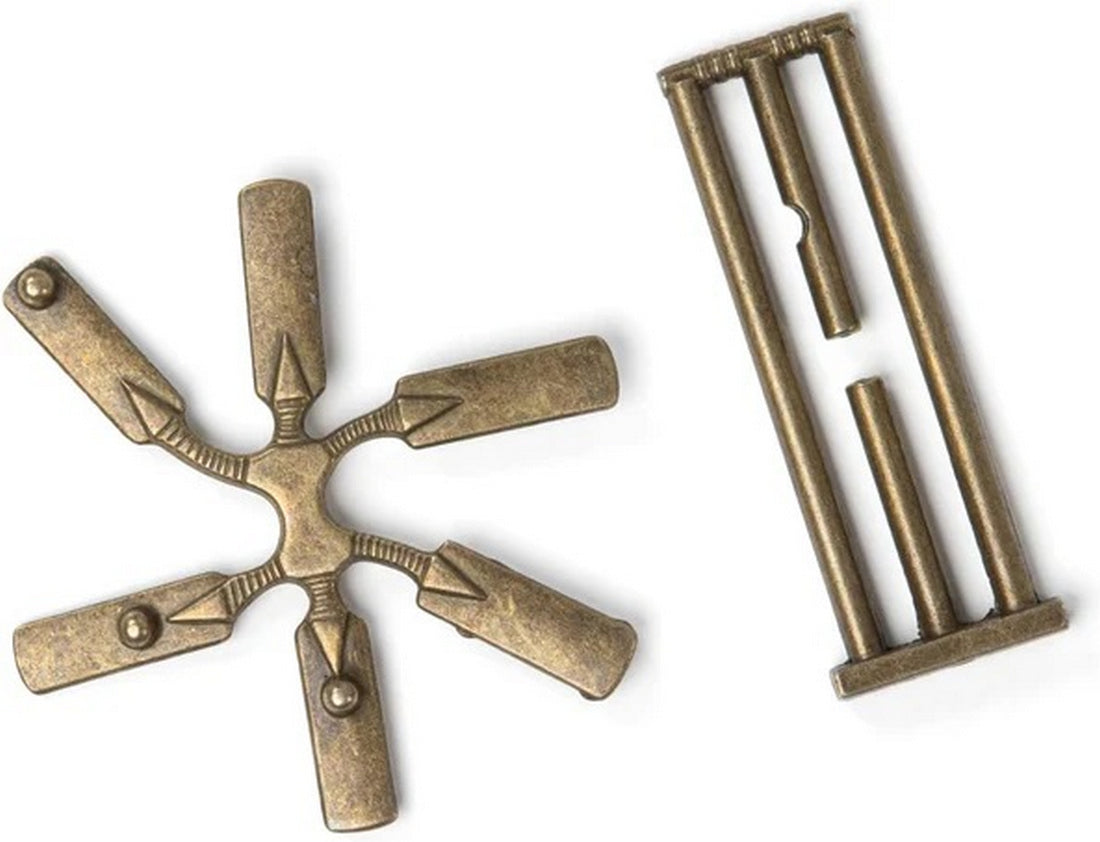 Antique bronze mechanical puzzle pieces: a six-point star and a three-rod sliding frame