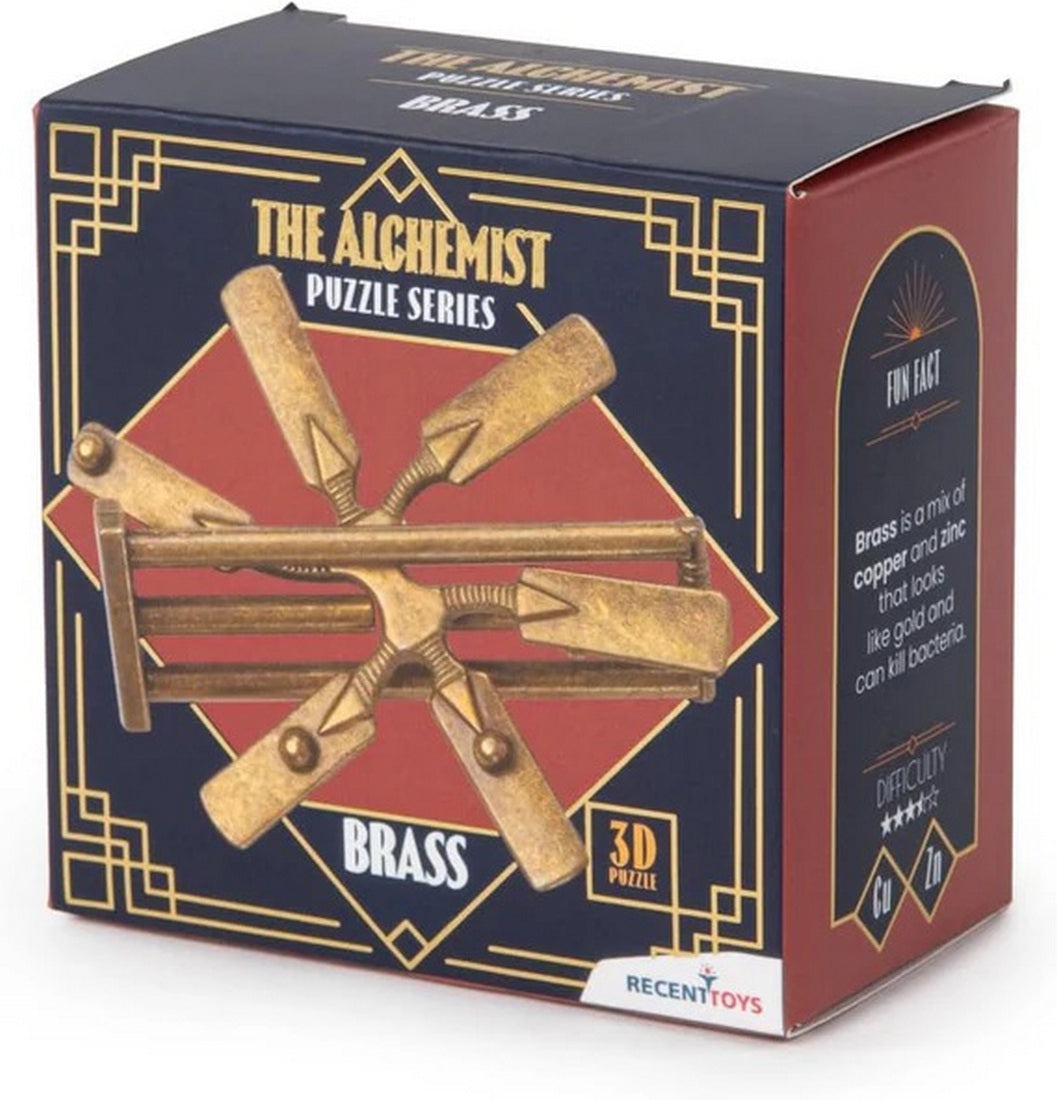 Boxed "The Alchemist" Brass 3D Puzzle, showing the intricate, interlocking brass object