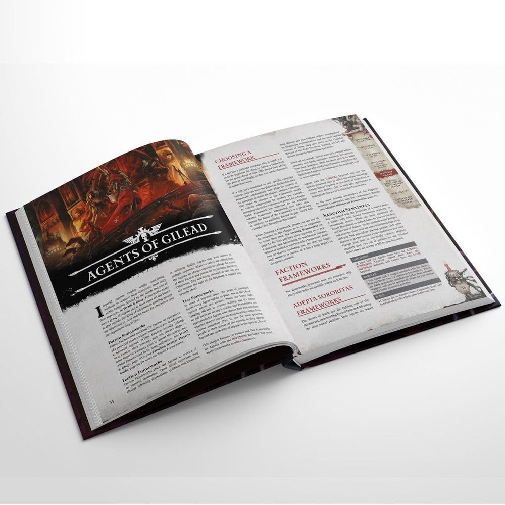 An open Warhammer 40,000 rulebook shows an 'Agents of Gilead' page with detailed futuristic combat art and game text