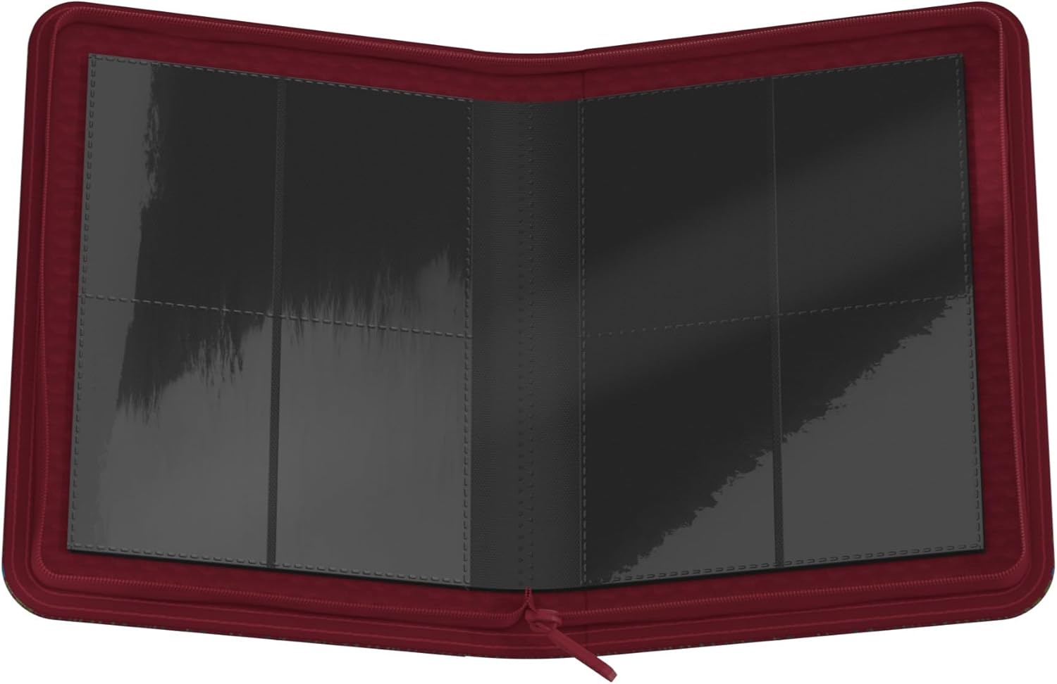 The Harry Potter Gryffindor red XenoSkin Zipfolio 160 is open, revealing black interior pages designed with four transparent card pockets on each side