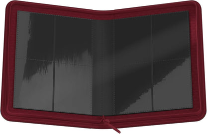 The Harry Potter Gryffindor red XenoSkin Zipfolio 160 is open, revealing black interior pages designed with four transparent card pockets on each side
