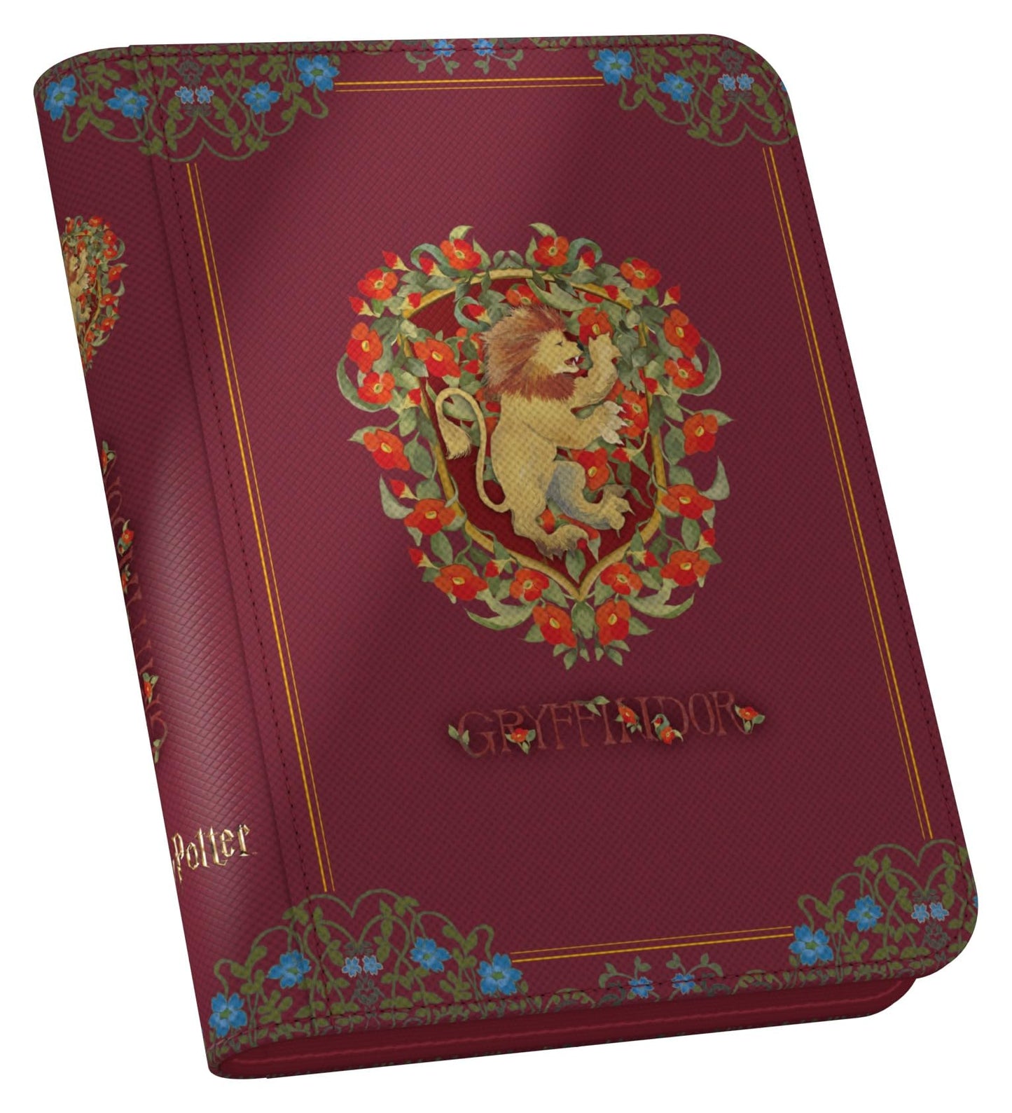 The maroon XenoSkin Zipfolio 160 features the ornate Harry Potter Gryffindor lion crest surrounded by a decorative floral border