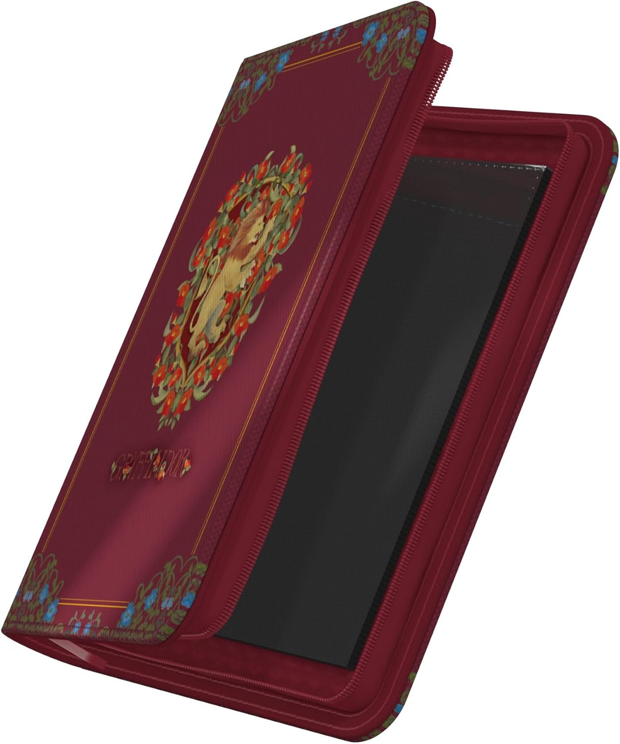 Maroon XenoSkin Zipfolio open to show black pages, featuring art nouveau style floral borders and a central Gryffindor lion graphic