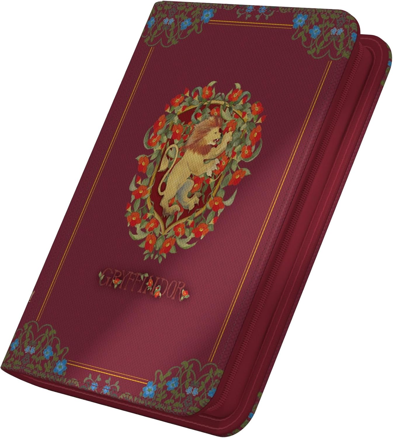 A burgundy Ultimate Guard XenoSkin Zipfolio featuring the Gryffindor lion crest surrounded by vibrant red and blue floral border artwork