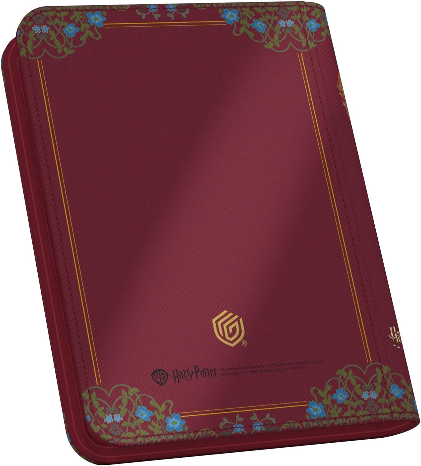 A closed Ultimate Guard XenoSkin Zipfolio in deep Gryffindor red, featuring a gold foiled border and blue flower detailing