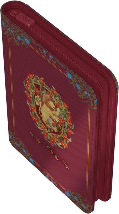 Ornate maroon Ultimate Guard Zipfolio 160 displaying the Gryffindor house lion crest amidst a floral border and secured with a branded top zipper