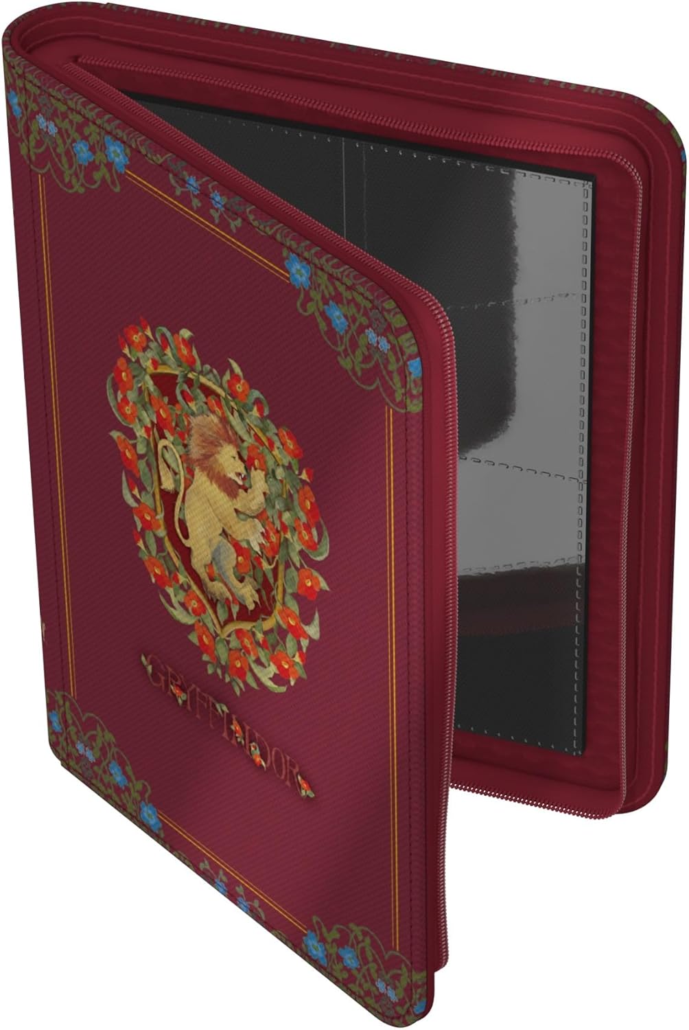 The maroon Ultimate Guard Gryffindor card Zipfolio displays a detailed lion crest and is slightly open to show the internal card sleeves