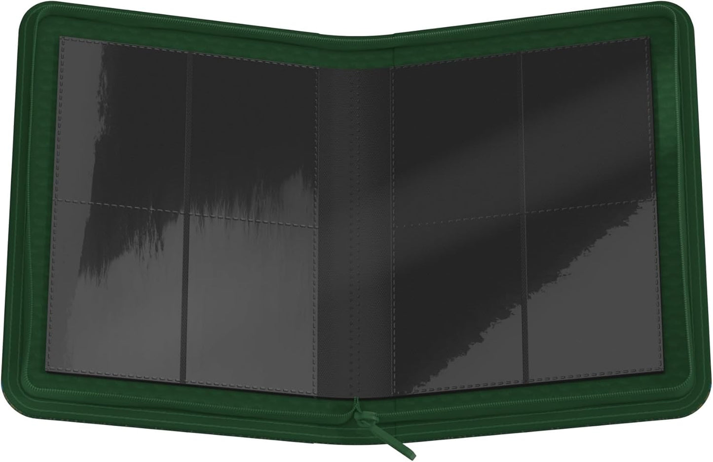 This open dark green Zipfolio portfolio features black internal sheets with four divided pockets visible on both the left and right sides