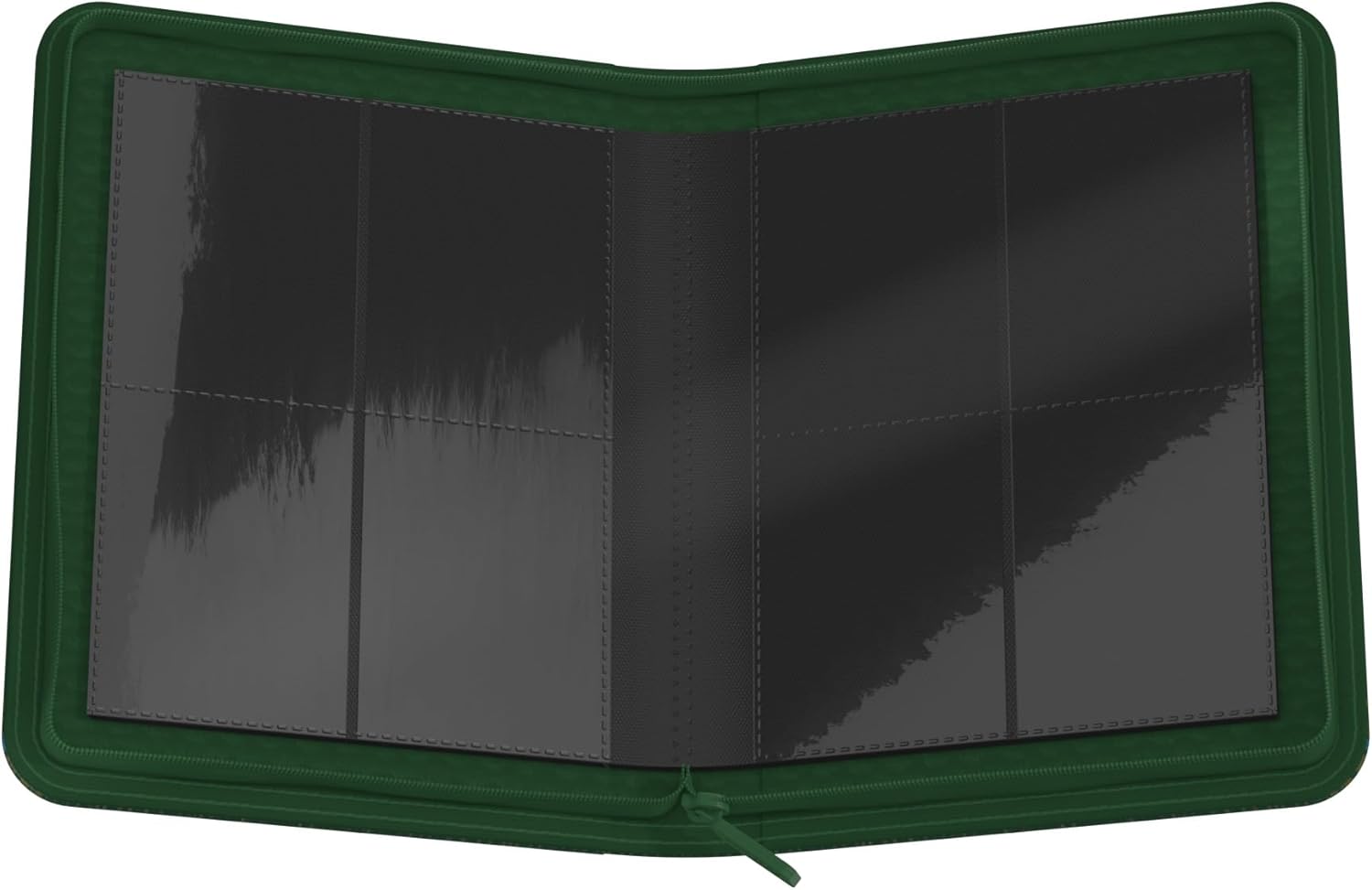 This open dark green Zipfolio portfolio features black internal sheets with four divided pockets visible on both the left and right sides