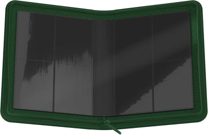 This open dark green Zipfolio portfolio features black internal sheets with four divided pockets visible on both the left and right sides