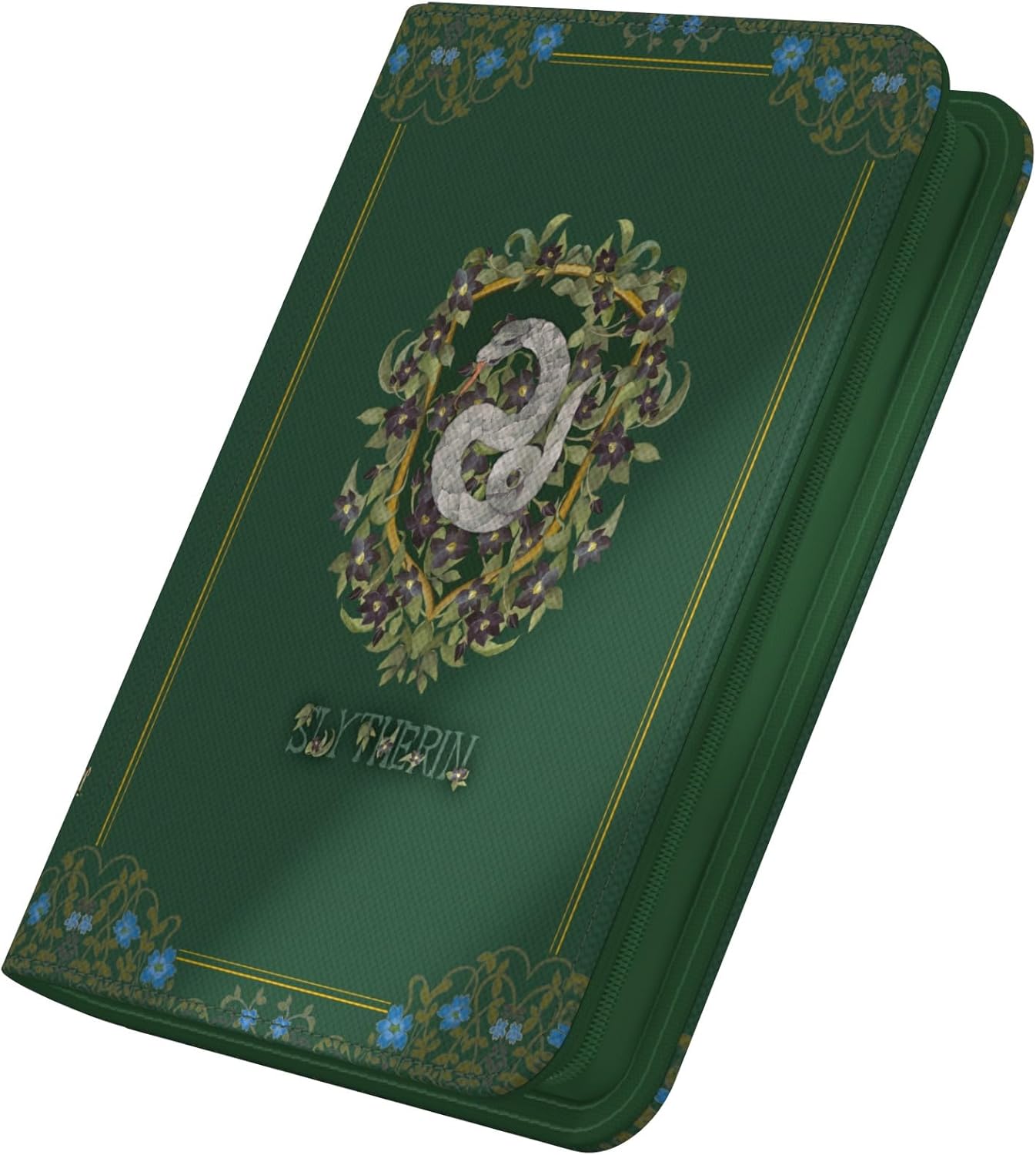 An angled view of the Ultimate Guard dark green XenoSkin Zipfolio featuring the ornate Harry Potter Slytherin snake and name artwork