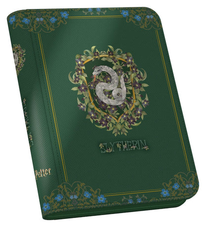 A textured dark green Ultimate Guard XenoSkin Zipfolio portfolio featuring the detailed Harry Potter Slytherin coiled snake crest and floral design