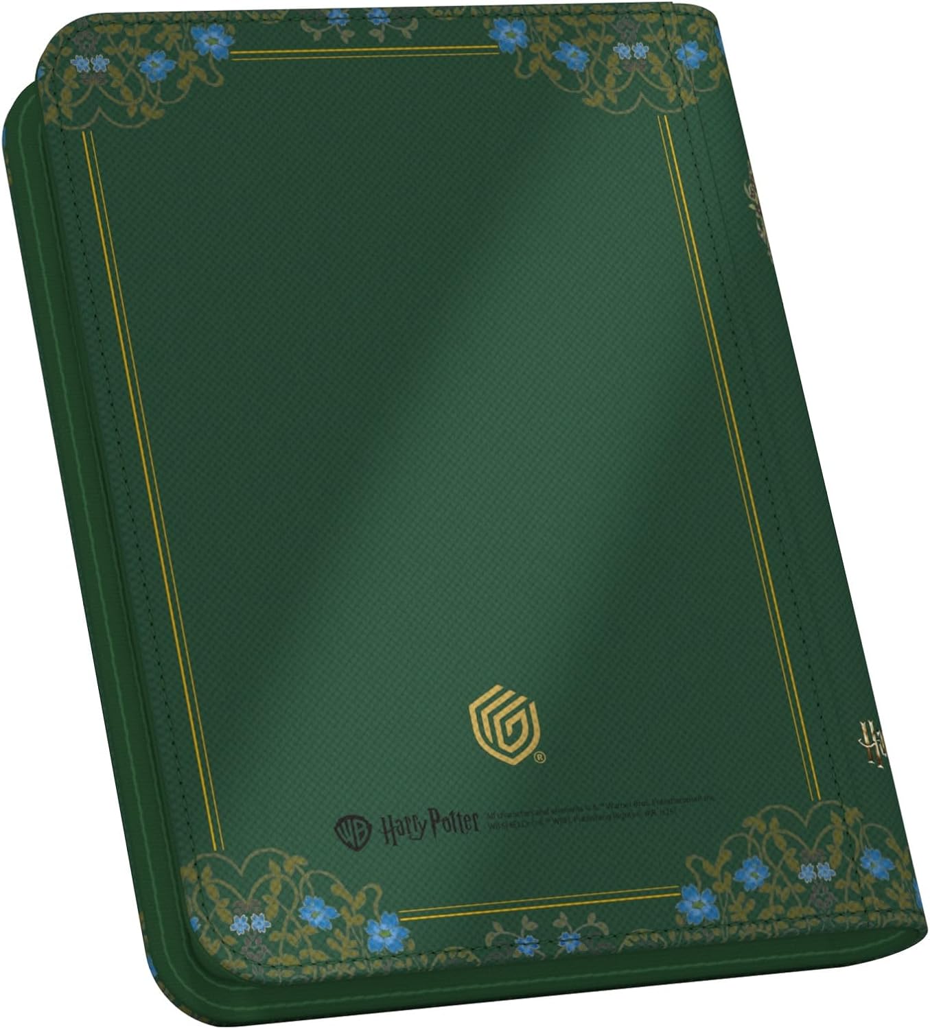 A dark green Ultimate Guard Slytherin Zipfolio 160 featuring gold-stitched borders and ornate blue floral patterns on the corners