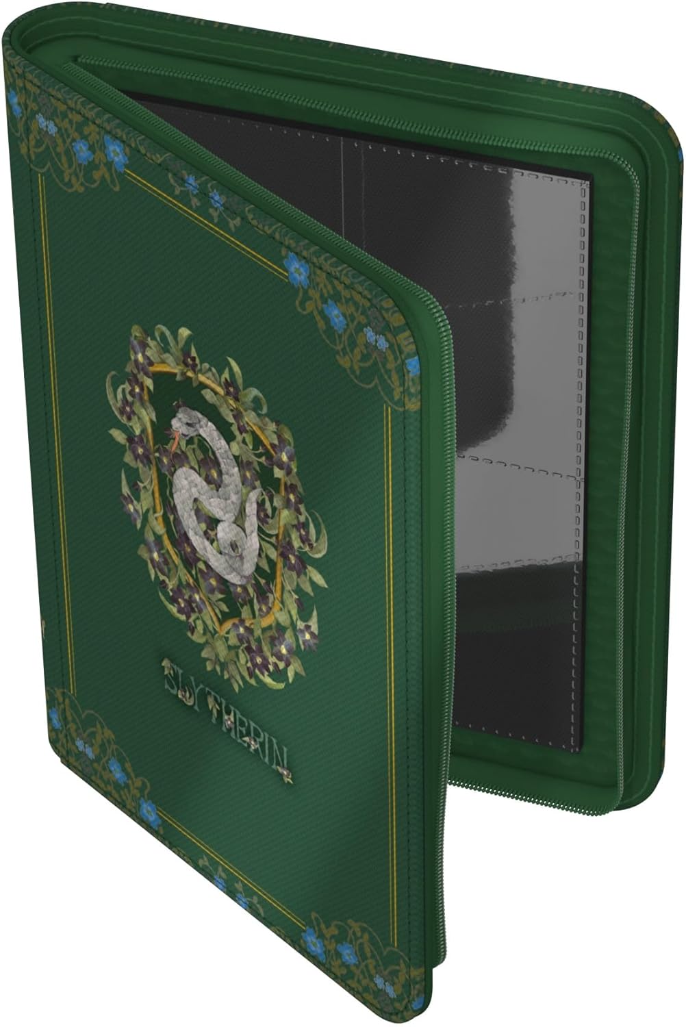 The dark green Ultimate Guard Slytherin Zipfolio, featuring the central silver serpent crest, is opened to display its internal black card pocket pages