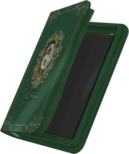 The dark green Ultimate Guard Slytherin XenoSkin Zipfolio is angled and slightly ajar showing the ornate house crest and black interior panels
