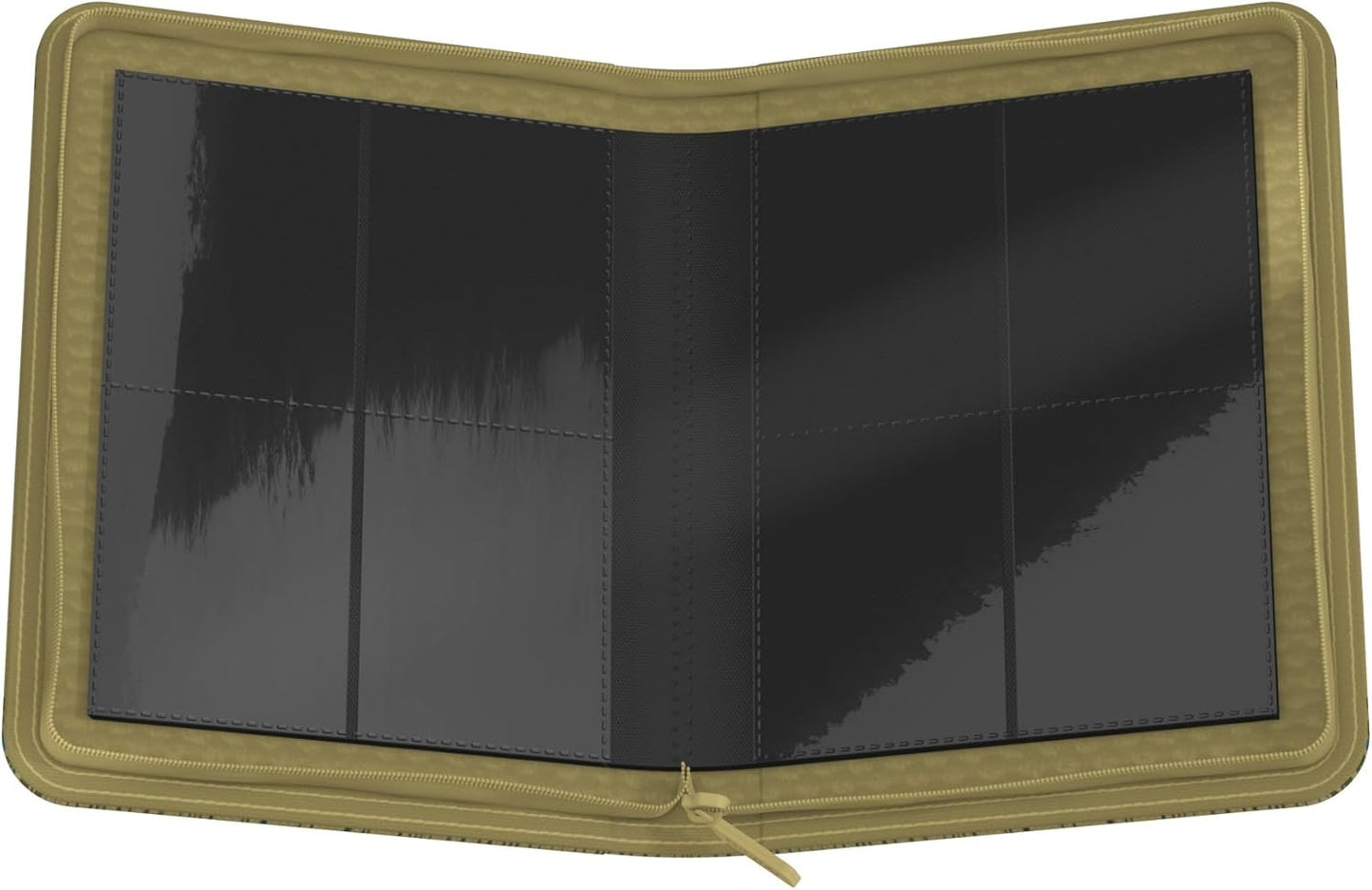 Open Hufflepuff-themed XenoSkin Zipfolio displaying black internal pages with eight clear card pockets and a zipper closure